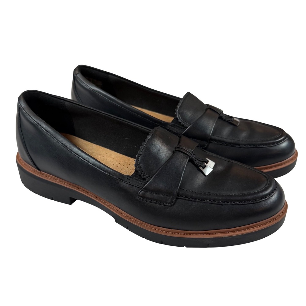 Clarks Westlynn Bella Collection Womens Black Leather Tassel Penny Loafers Sz 12